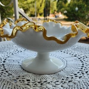 Vintage Fenton Amber Crest Ruffled Compote.